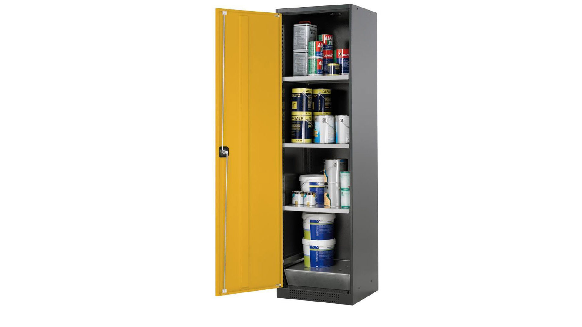 Chemikalienschrank - Flügeltür, goldgelb - Türanschlag links - 3 Fachböden - Lochblecheinsatz - 1.950 x 545 x 520 mm - Stahl, verzinkt