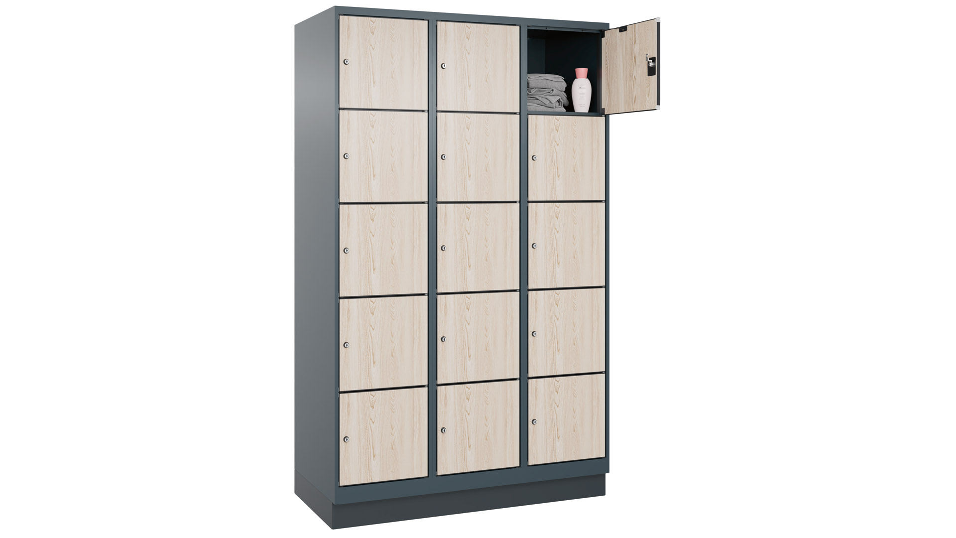 Fächerschrank, BxTxH 1200x500x1950 mm, 3x5 Fächer, Abt.B 400 mm, Sockel, Schloss, HPL-Dekorfront, RAL 7016/Dekor Ahorn