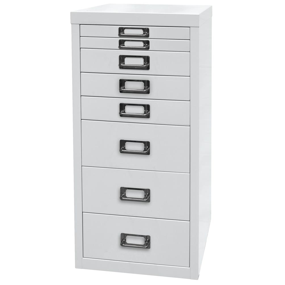 Büro-Schubladenschrank, BxTxH 279x380x590 mm, 8 Schubladen 2x25, 3x51, 3x102 mm, DIN A4, verkehrweiß