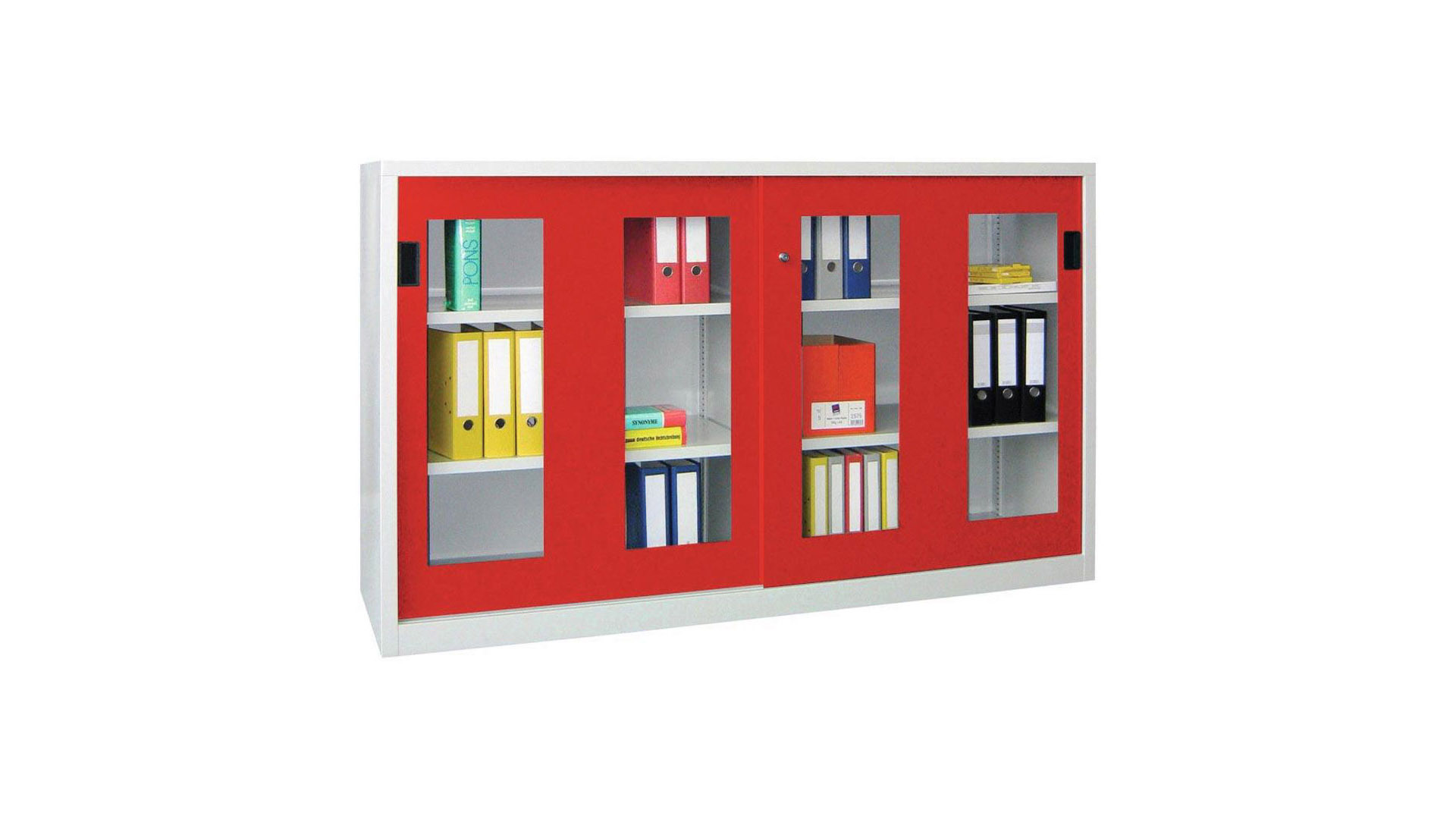 Schiebetürenschrank - Sichtfenstertüren - 1.200x2.000x600 mm (HxBxT) - 4 Böden, verzinkt - Zylinderschloss - lichtgrau/feuerrot