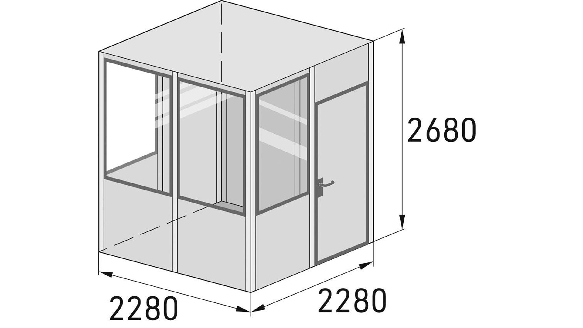 Hallenbüro - Mehrzweckraum, Standard-Ausführung, für den Innenbereich, Fläche 5,2 qm, 8 Elemente, BxTxH 2280x2280x2680 mm