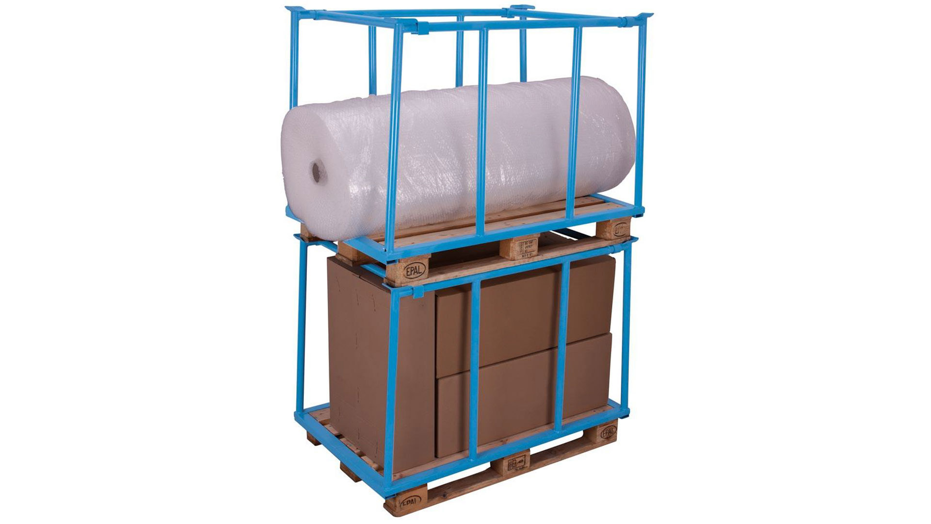 Palettenaufsatzrahmen für Industriepalette - 500 kg - Höhe 1.600 mm - 3-fach stapelbar - Schmalseite offen - lichtblau