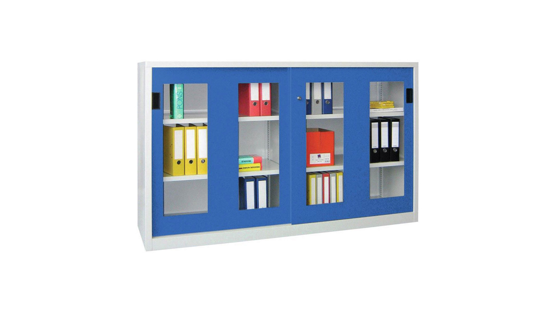 Schiebetürenschrank - Sichtfenstertüren - 1.200x2.000x600 mm (HxBxT) - 4 Böden, verzinkt - Zylinderschloss - lichtgrau/enzianblau