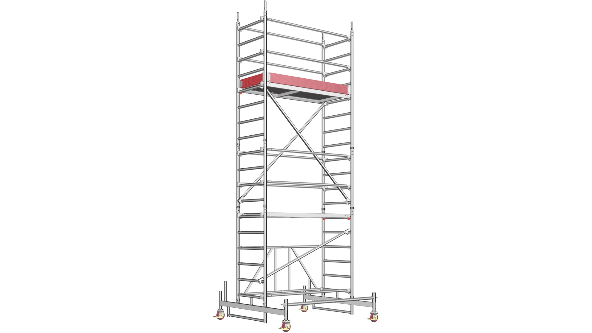 Fahrgerüst P2, Arbeitshöhe 5,76m, Gerüsthöhe 4,99m, Standhöhe 3,76m, Gewicht ohne Balast: 169,6kg