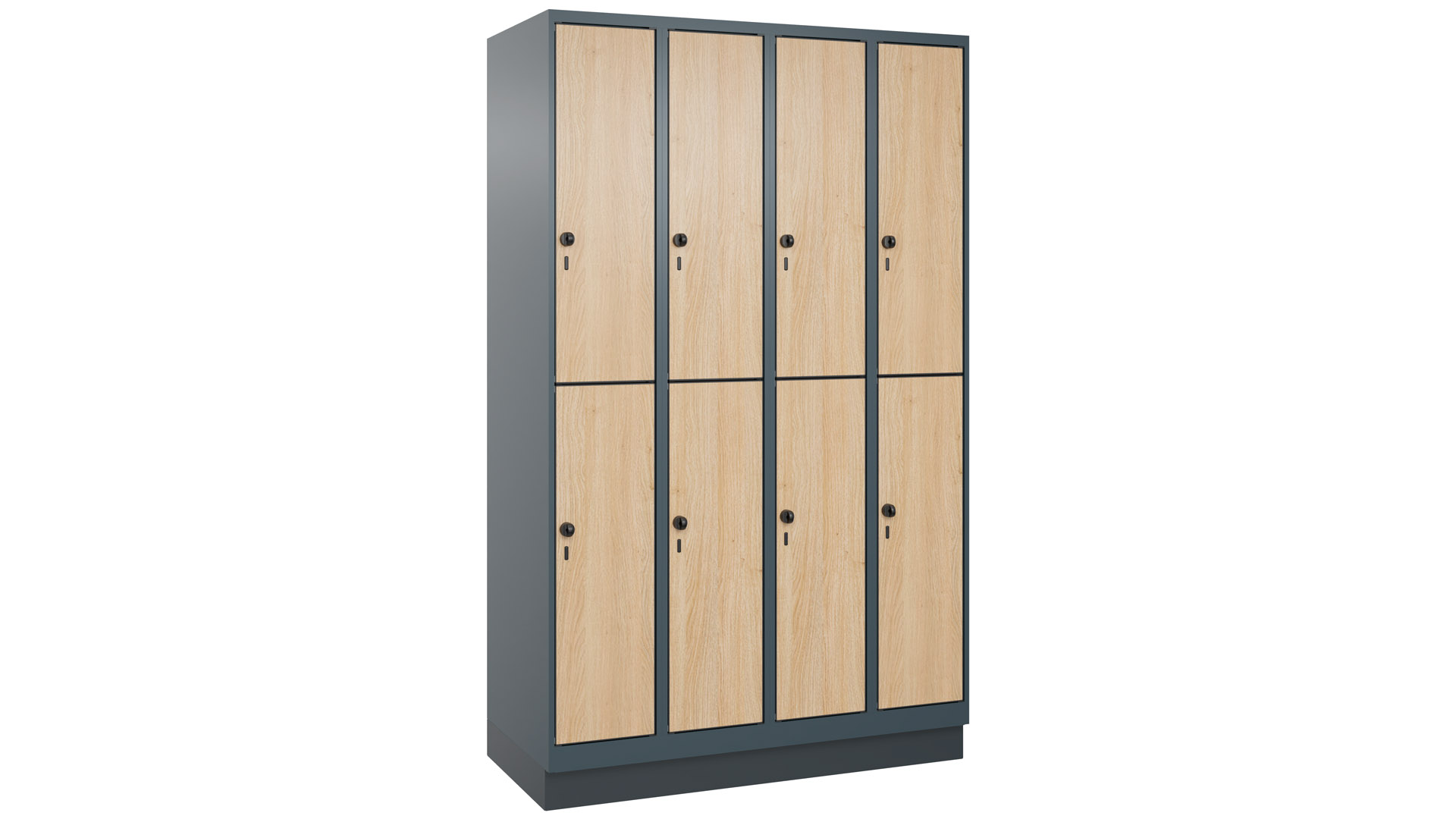 Fächerschrank, doppelstöckig, Sockel, 3x2 Fächer, Abt.B 300 mm, BxTxH 900x500x1950 mm, MDF-Dekorfront, RAL 7016/Dekor Sen Esche