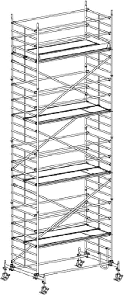 Fahrgerüst, Aluminium, mit Fahrtraverse, Arbeitsfläche 1,30x2,95 m, Standhöhe 7,60 m, Gerüsthöhe 8,82 m, Gewicht 468,6 kg