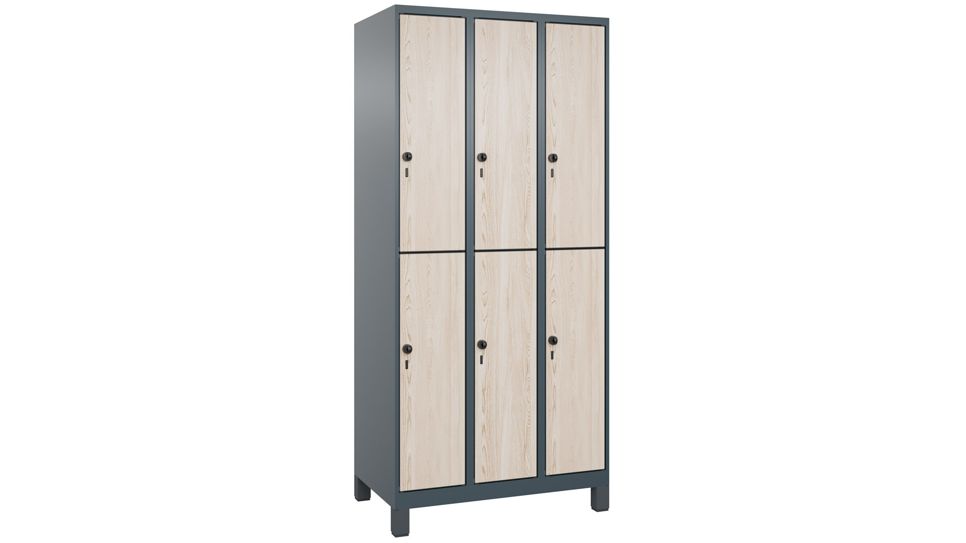 Fächerschrank, doppelstöckig, Füße, 1x2 Fächer, Abt.B 400 mm, BxTxH 400x500x1950 mm, MDF-Dekorfront, RAL 7016/Dekor Eiche Sereno