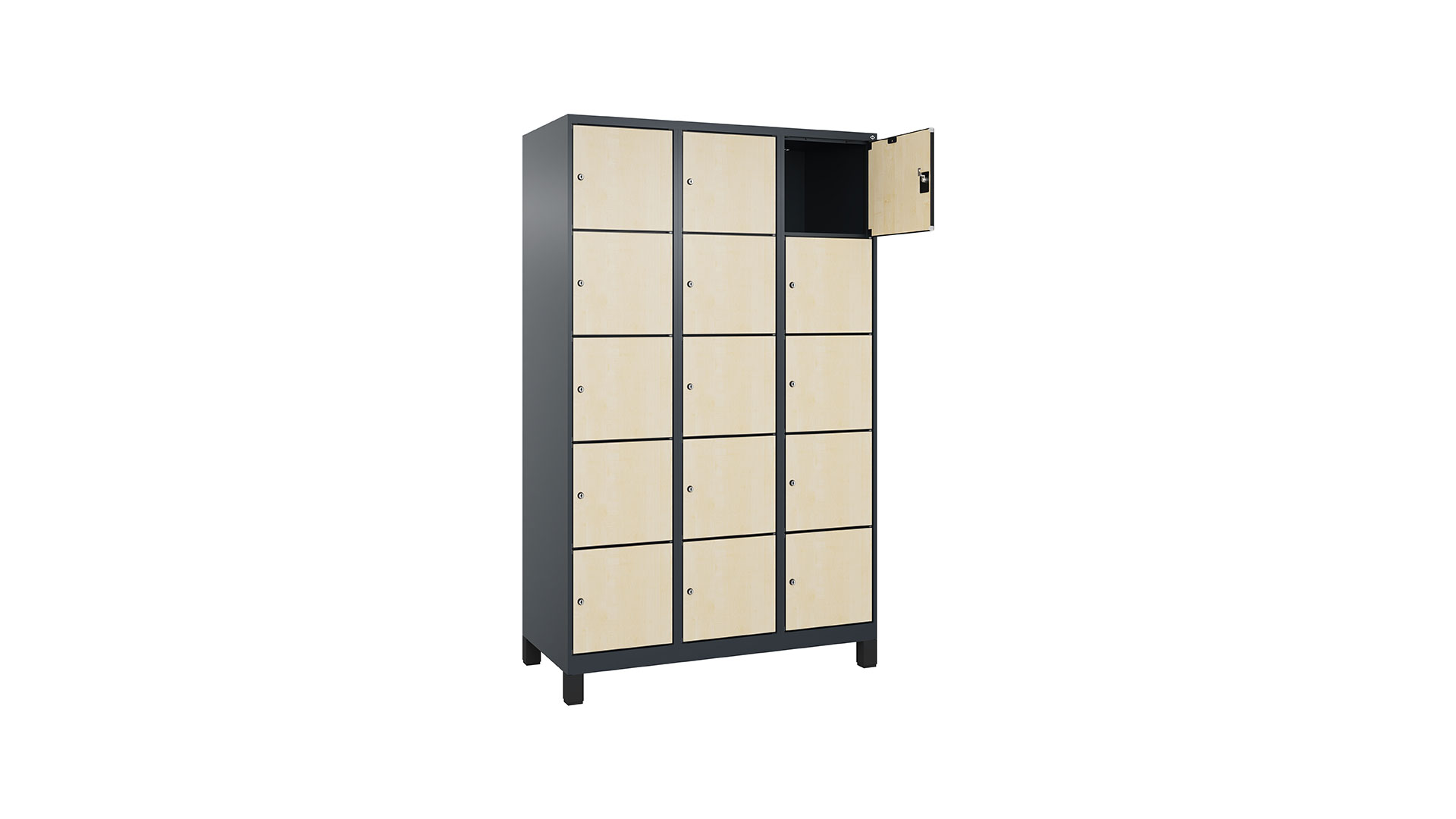 Fächerschrank, BxTxH 1200x500x1950 mm, 3x5 Fächer, Abt.B 400 mm, Füße, Schloss, HPL-Dekorfront, RAL 7016/Dekor Ahorn