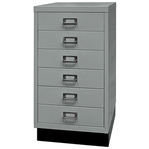 Büro-Schubladenschrank, BxTxH 349x432x670 mm, 6 Schubladen 87 mm, DIN A3, Sockel 80 mm hoch, silber