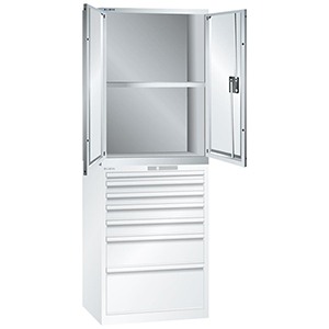 Aufsatzschrank mit Vollblechflügeltüren, BxTxH 717x725x1000 mm, 1 Verstellboden, RAL 7035, passend zu Schubladenschrank 36x36 E