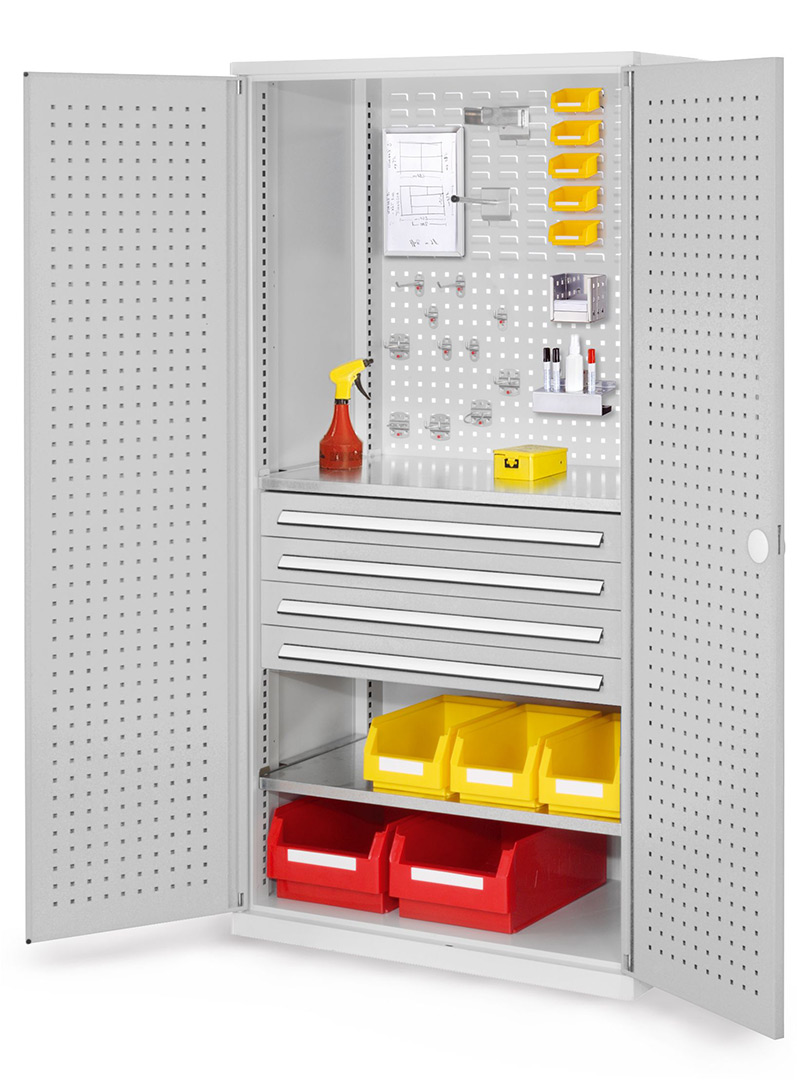 Werkzeugschrank, Türen mit Lochplatten, 4 Schubl.+ 2 Fachb., BxTxH 1000x600x1950 mm, RAL 7035