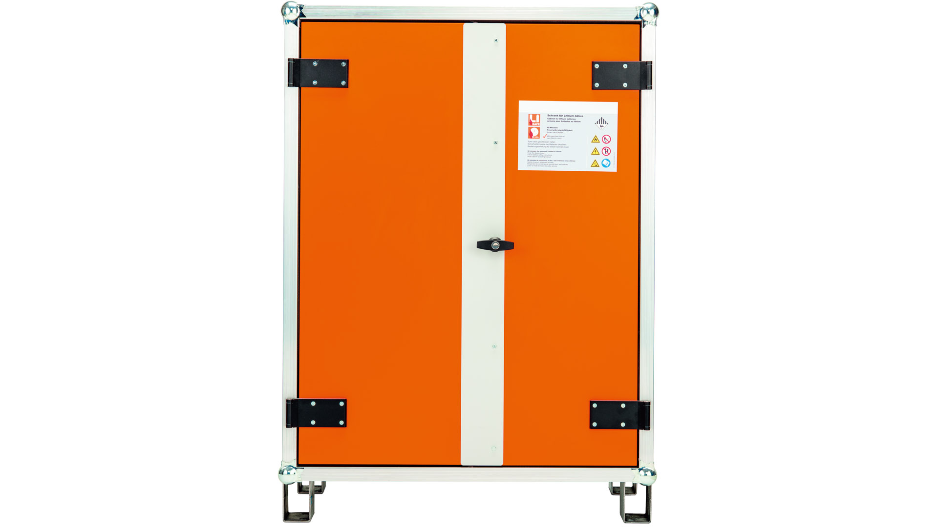 Akku-Lagerschrank, Rauchmelder, BxTxH 800x660x1110 mm, Tür orange, mit Stapelfüßen, Korpus grau