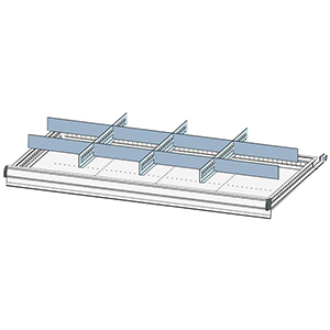 Schubladentrenner, Schubladenteiler, Einteilungsmaterial-Set, 3 Schlitzwände, 8 Trennbleche, für FH 150 mm, passend für Gehäusegröße BxT 1037x600 mm