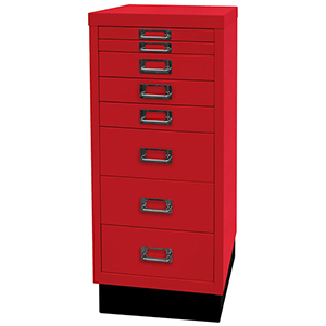 Büro-Schubladenschrank, BxTxH 279x380x670 mm, 8 Schubladen 2x25, 3x51, 3x102 mm, DIN A4, Sockel 80 mm hoch, kardinalrot