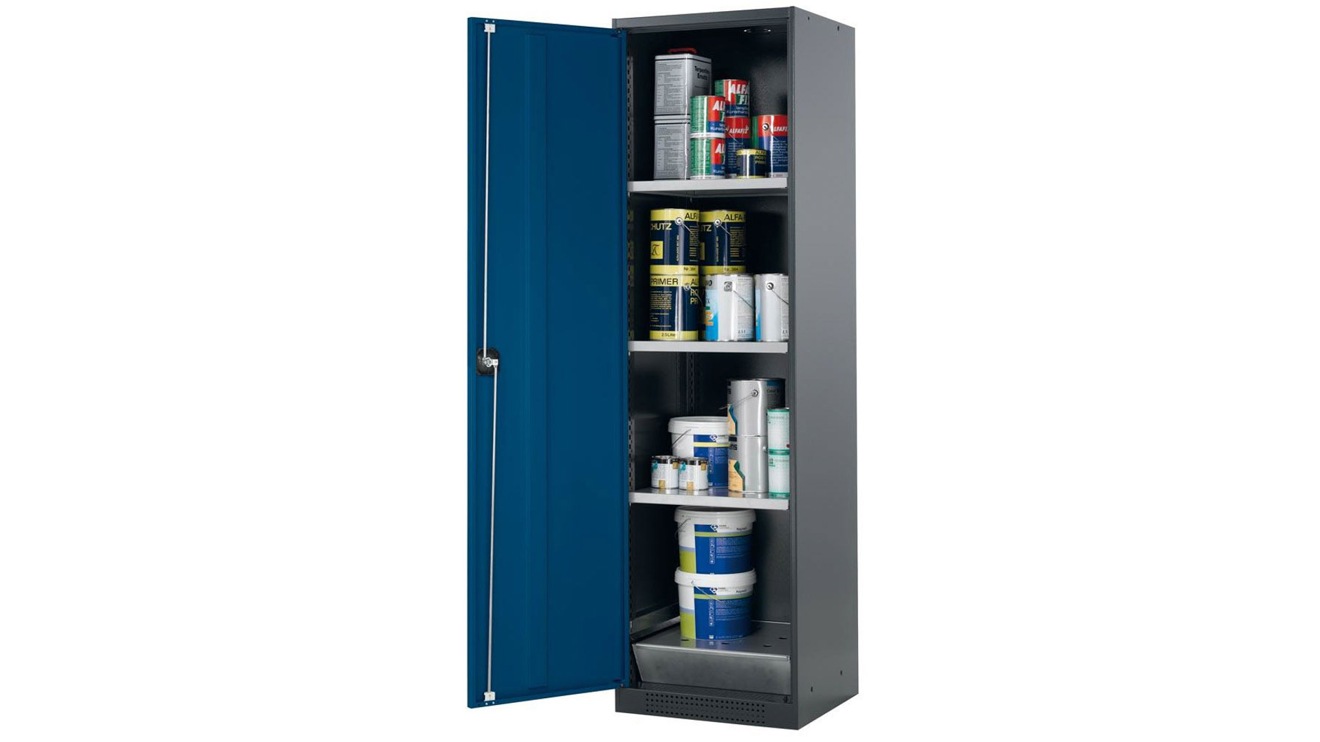 Chemikalienschrank - Flügeltür, enzianblau - Türanschlag links - 3 Fachböden - Lochblecheinsatz - 1.950 x 545 x 520 mm - Stahl, verzinkt