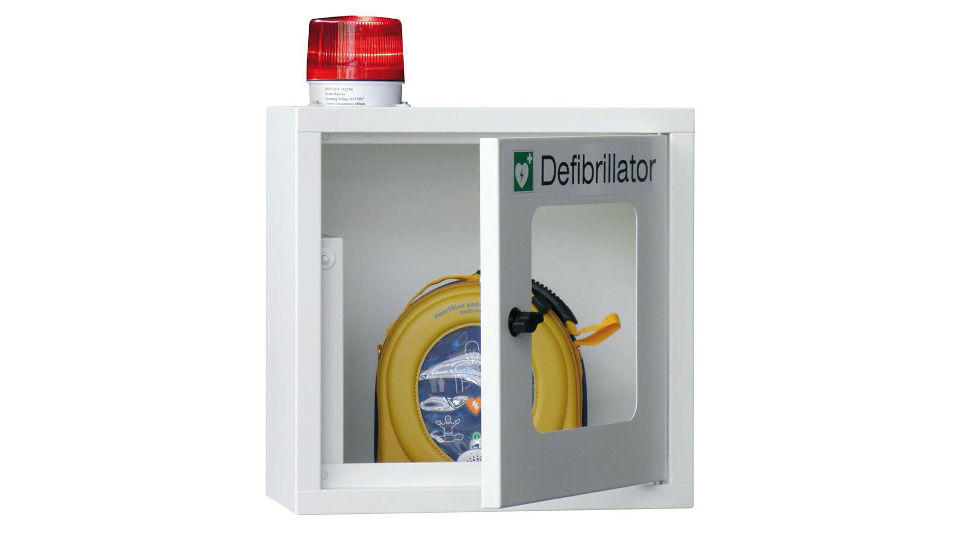Defibrillatorenschrank mit akustischem und optischem Alarm