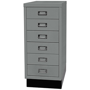 Büro-Schubladenschrank, BxTxH 279x380x670 mm, 6 Schubladen 87 mm, DIN A4, Sockel 80 mm hoch, silber