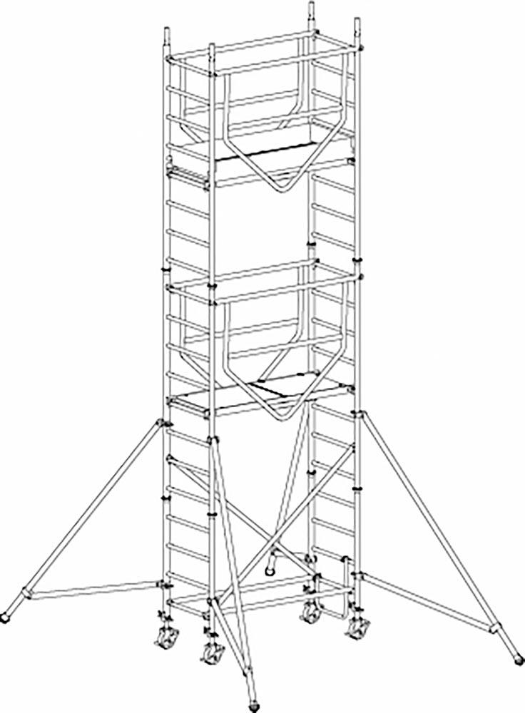 Fahrgerüst, Bühnenlänge 1,58 m , Bühnenb. 0,61 m, Gerüsth. 5,49 m, Standh. 4,27 m, Gewicht 119,9 kg, Modul 1+2+Zusatzmodul