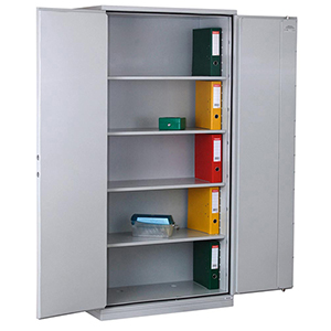 Feuergeschützter Büroschrank, BxTxH 950x500x1950 mm, 2 Türen, 4 Böden, Kapazität 55 Ordner, RAL 7035 lichtgrau