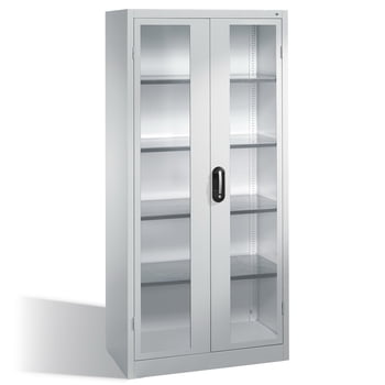 C+P Großraum Werkzeugschrank, Materiallager, Stahlschrank mit Sichtfenstertüren, 4 Fachböden, Farbe lichtgrau, 1.950 x 930 x 600 (HxBxT)