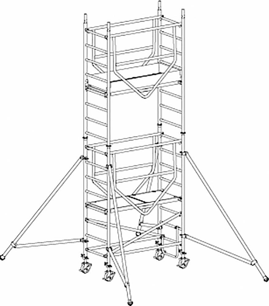 Fahrgerüst, Bühnenlänge 1,58 m , Bühnenb. 0,61 m, Gerüsth. 4,49 m, Standh. 3,27 m, Gewicht 107,9 kg, Modul 1+2