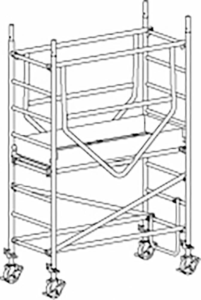 Fahrgerüst, Bühnenlänge 1,58 m, Bühnenb. 0,61 m, Gerüsth. 2,49 m, Standardh. 1,27 m, Gewicht 57 kg, Grund-Modul 1