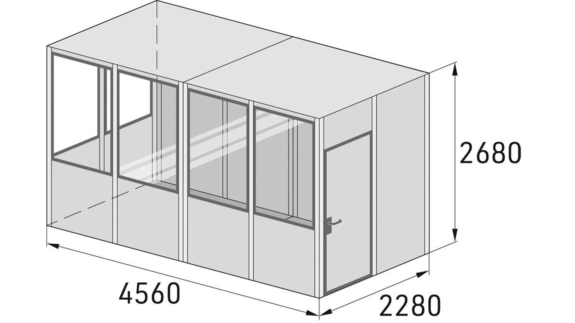 Hallenbüro - Mehrzweckraum, Elektropaket Office-Ausführung, für den Innenbereich, Fläche 10,4 qm, 12 Elemente, BxTxH 4560x2280x2680 mm