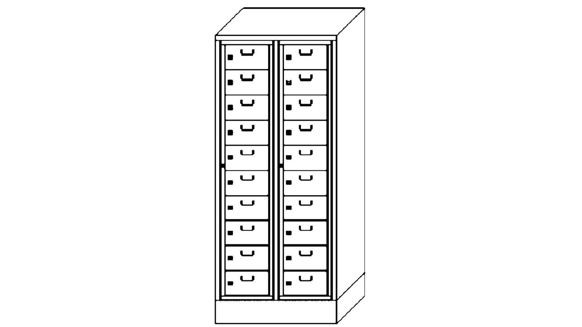 Wäscheschrank / Schließfachschrank - 20 Fächer a 315 mm - 1.850x770x500 mm (HxBxT) - Sockel - Zylinderschloss - lichtgrau