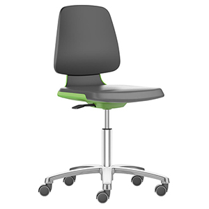 Arbeitsdrehstuhl mit Flex-Rückenlehne u. Sitzkante, Sitzschale grün, Sitz Supertec schwarz, Rollen, Sitz Höhe 450-650 mm