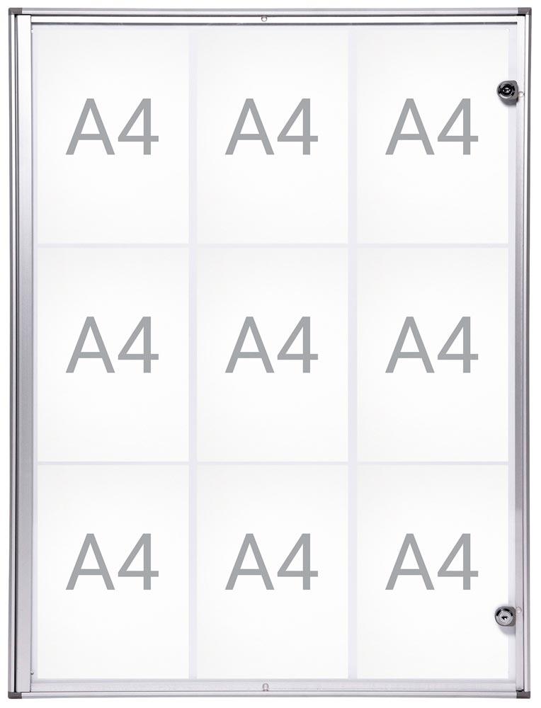 Schaukasten, BxTxH 711x27x963 mm, 9xDIN A4, Aluprofile, Kunststoffglas, 2 Zylinderschlösser