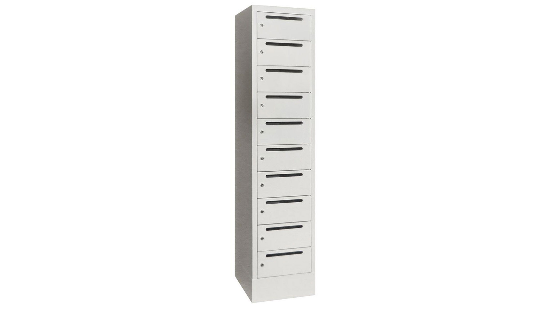 Postverteilerschrank, BxTxH 400x500x1850 mm, 1x10 Fächer, Fachbreite 400 mm, Schloss, Sockel, RAL 7035 lichtgrau