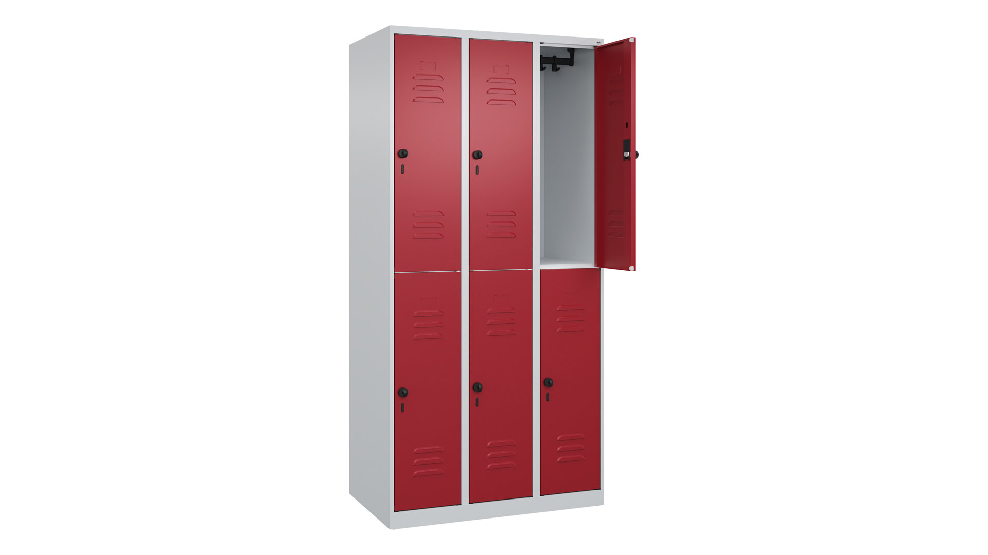 Fächerschrank, doppelstöckig, BxTxH 900x500x1850 mm, 3x2 Fächer, Abt.B 300 mm, Drehriegel, bodenstehend, Farbwahl