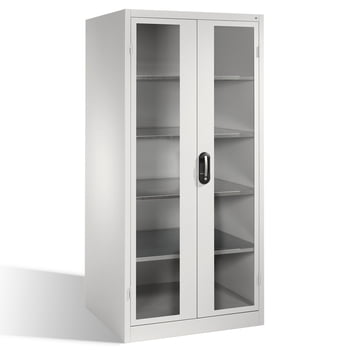 C+P XXL Großraum Werkzeugschrank, Materiallager, Stahlschrank mit Sichtfenstertüren, 4 Fachböden, Farbe lichtgrau, 1.950 x 930 x 800 (HxBxT)