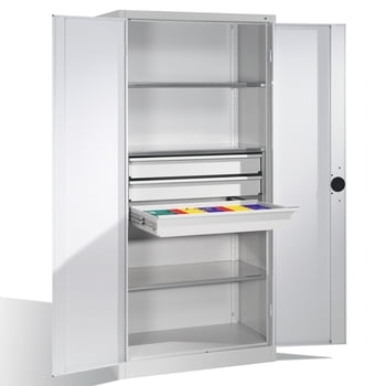 C+P Schwerlastschrank Werkzeugschrank Maschinenschrank, 4 Fachböden, 3 Schubladen mittig, Farbe lichtgrau/lichtblau, 1.950 x 930 x 600 (HxBxT)