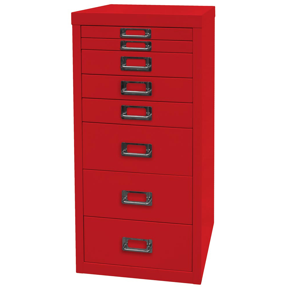 Büro-Schubladenschrank, BxTxH 279x380x590 mm, 8 Schubladen 2x25, 3x51, 3x102 mm, DIN A4, kardinalrot