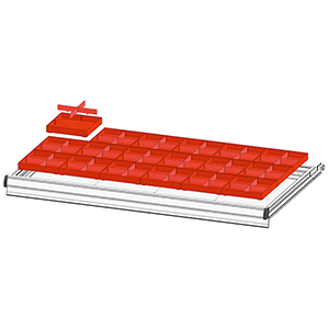 Schubladentrenner, Schubladenteiler, Einteilungsmaterial-Set, 18 Boxen 153x153x75 mm, 18 große Trenneinsätze, 36 kleine Trenneinsätze für FH 100 mm, passend für Gehäusegr. BxT 1037x600 mm