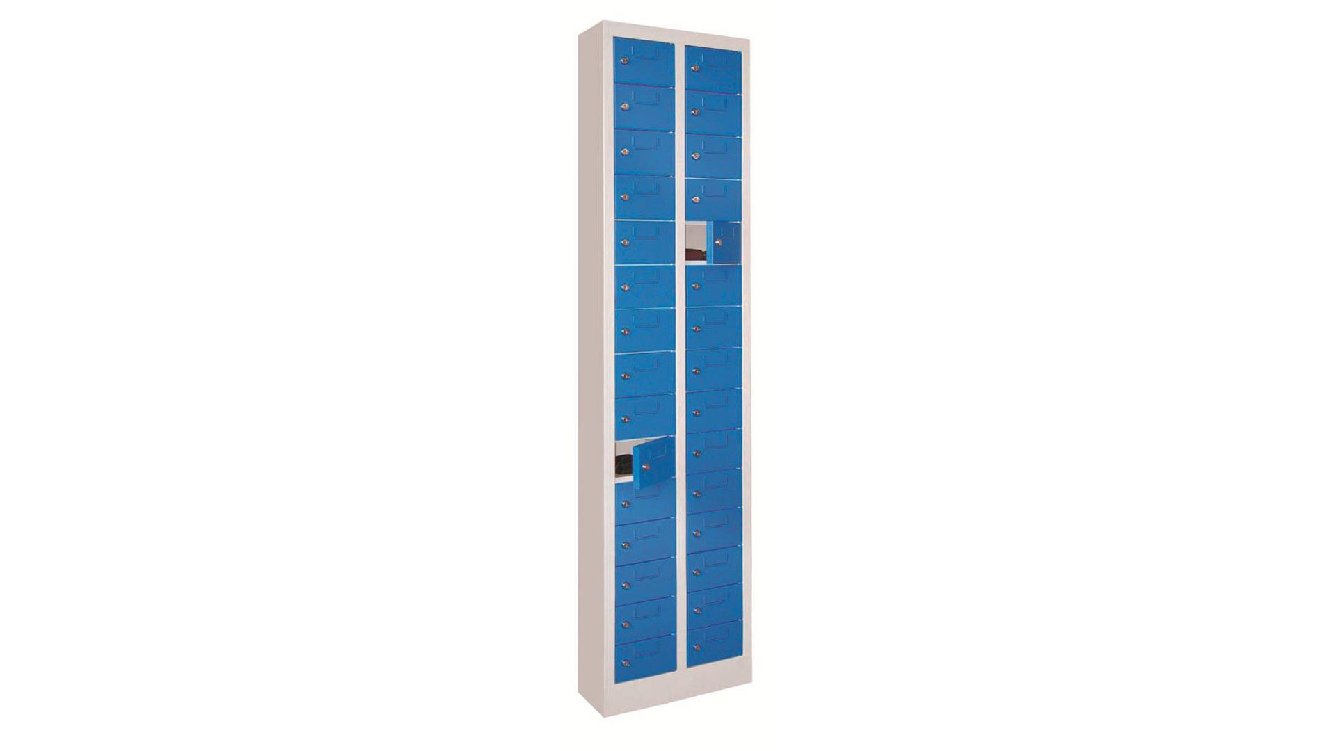 Schließfachschrank, Kleinfachschrank - 30 Fächer - 1.950 x 460 x 200 mm (HxBxT) - Etikettenrahmen - lichtgrau/enzianblau