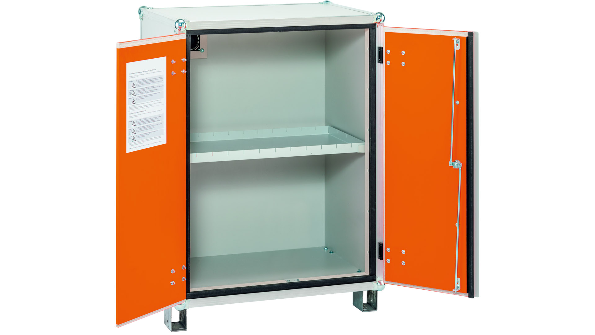 Akku-Lagerschrank, Rauchmelder, BxTxH 800x660x1110 mm, Tür orange, mit Stapelfüßen, Korpus grau