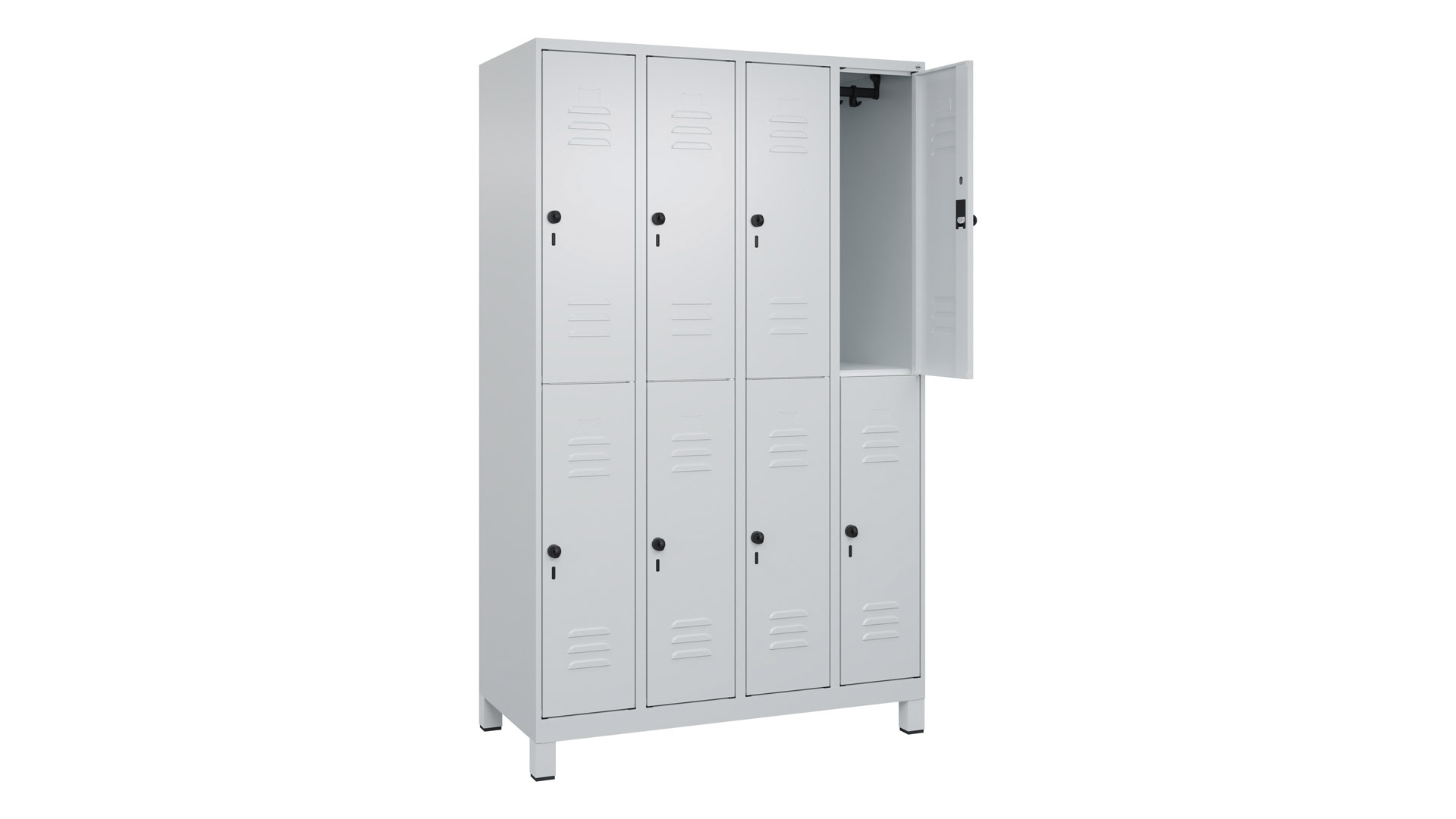 Fächerschrank, doppelstöckig, BxTxH 1200x500x1950 mm, 4x2 Fächer, Abt.B 300 mm, Drehriegel, Füße, RAL 7035