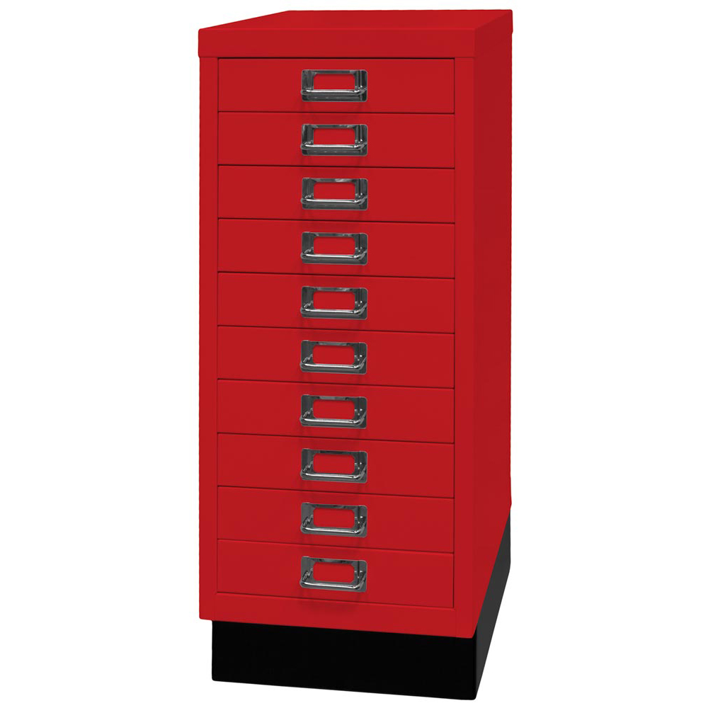 Büro-Schubladenschrank, BxTxH 279x380x670 mm, 10 Schubladen 51 mm, DIN A4, Sockel 80 mm hoch, kardinalrot