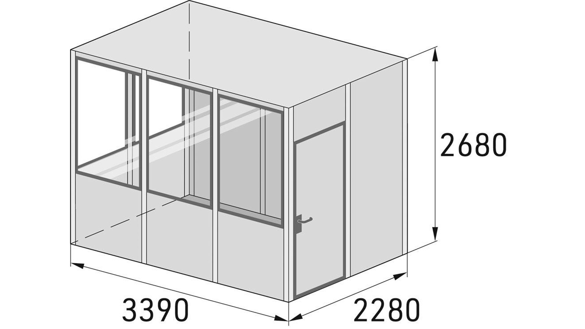 Hallenbüro - Mehrzweckraum, Standard-Ausführung, für den Innenbereich, Fläche 7,74 qm, 10 Elemente, BxTxH 3390x2280x2680 mm