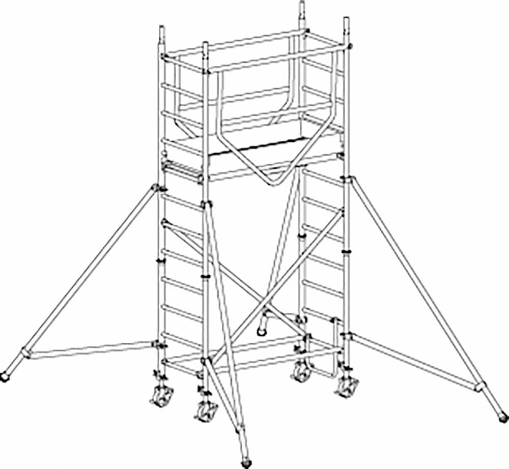 Fahrgerüst, Bühnenlänge 1,58 m , Bühnenb. 0,61 m, Gerüsth. 3,49 m, Standh. 2,27 m, Gewicht 89 kg, Modul 1+Zusatzmodul+Auslegersatz