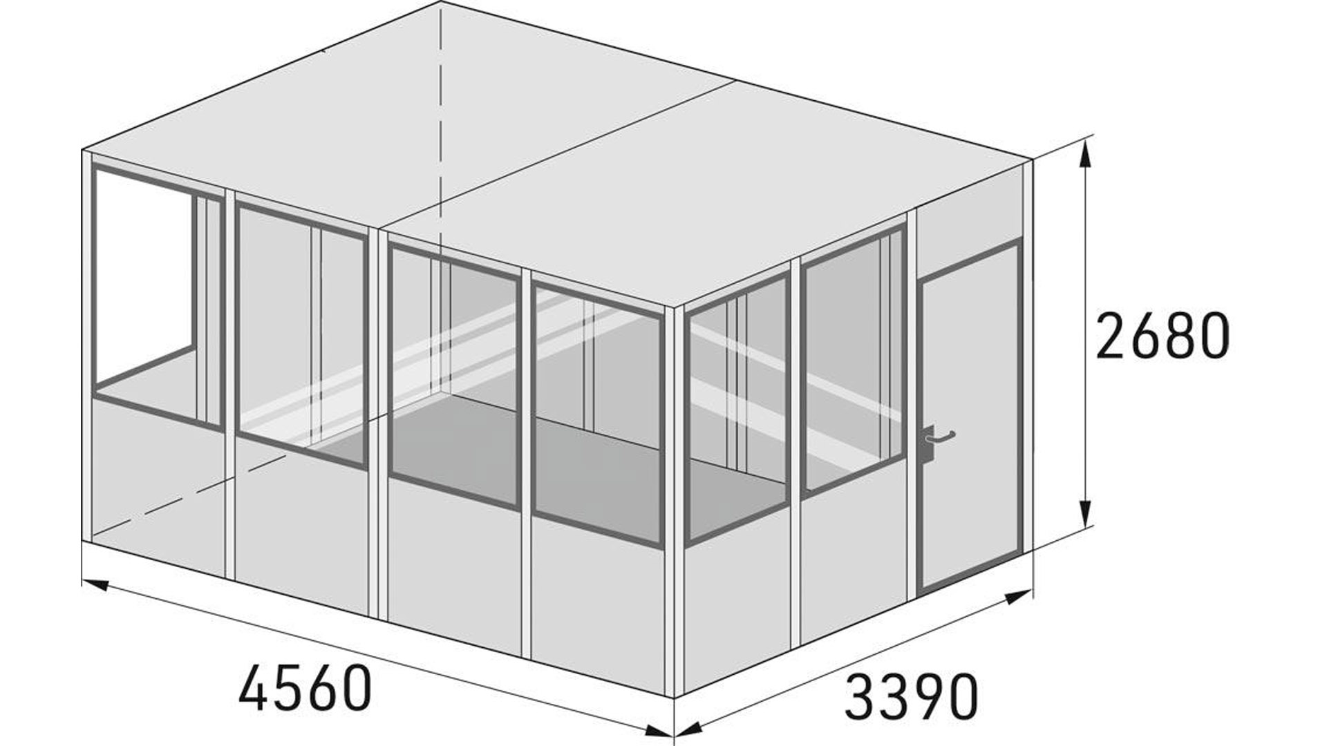 Hallenbüro - Mehrzweckraum, Standard-Ausführung, für den Innenbereich, Fläche 15,45 qm, 14 Elemente, BxTxH 4560x3390x2680 mm