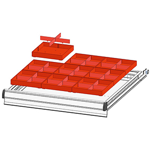 Schubladentrenner, Schubladenteiler, Einteilungsmaterial-Set, 9 Boxen 153x153x50 mm, 9 große Trenneinsätze, 18 kleine Trenneinsätze, für FH 75 mm, passend für Gehäusegröße BxT 578x600 mm