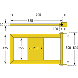 Rammschutzgeländer, Tür mit Gasdruckfeder, BxH 835x475 mm, Tür mit Beschlag 905x520 mm, gelb kunststoffbeschichtet