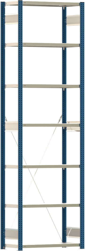Fachbodenregal BERT mit Tiefenriegel - 150 kg - 3.000 x 875 x 400 mm (HxBxT) - Grundregal - Rahmen enzianblau - Böden verzinkt