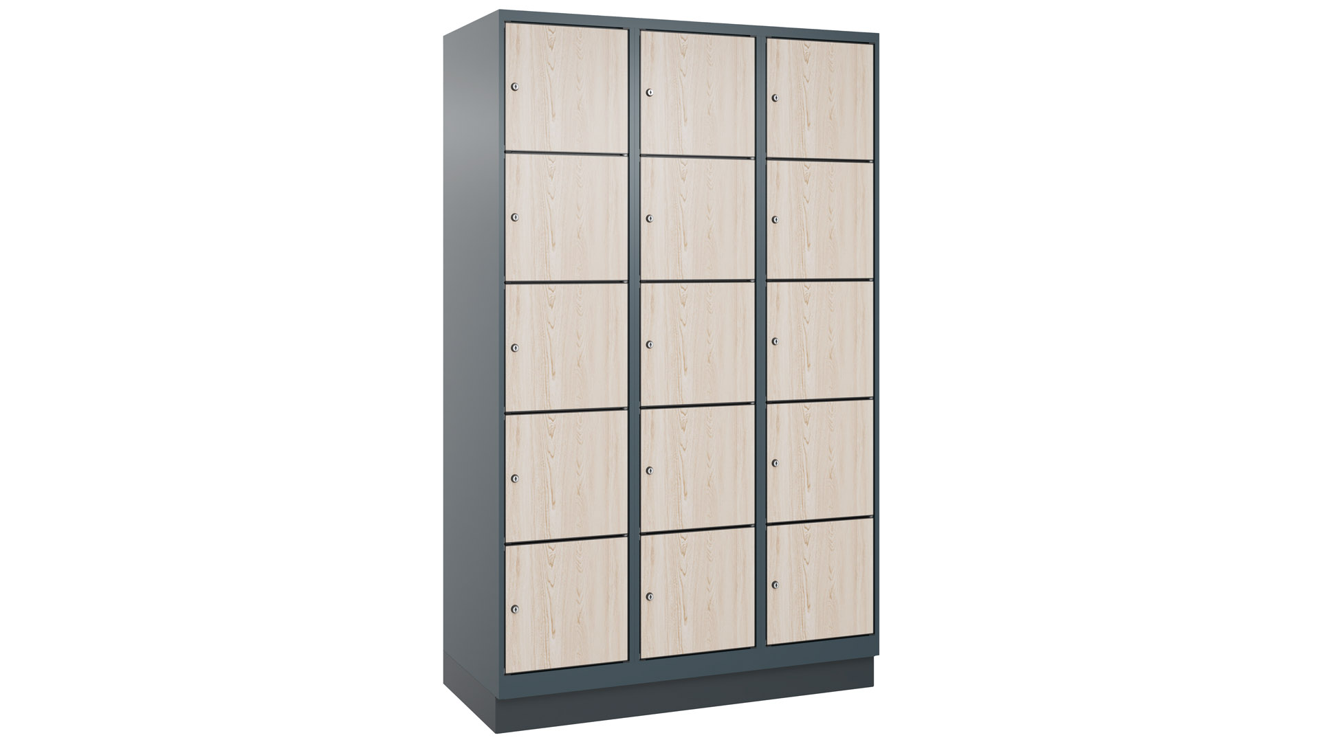 Fächerschrank, BxTxH 600x500x1950 mm, 2x5 Fächer, Abt.B 300 mm, Sockel, Schloss, HPL-Dekorfront, RAL 7016/Dekor Eiche