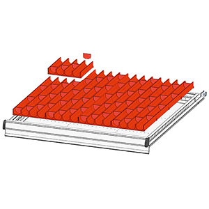 Schubladentrenner, Schubladenteiler, Einteilungsmaterial-Set, 16 4-teilige Mulden, 153x153x28 mm, 64 Trenneinsätze, Muldenbreite 33 mm, passend für Gehäusegr. BxT 731x753 mm