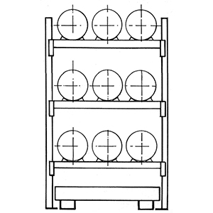 Fassregal, GF, für 9x60 l-Fässer, liegende Lagerung, mit Auffangwanne 285 l, BxTxH 1350x850x2500 mm